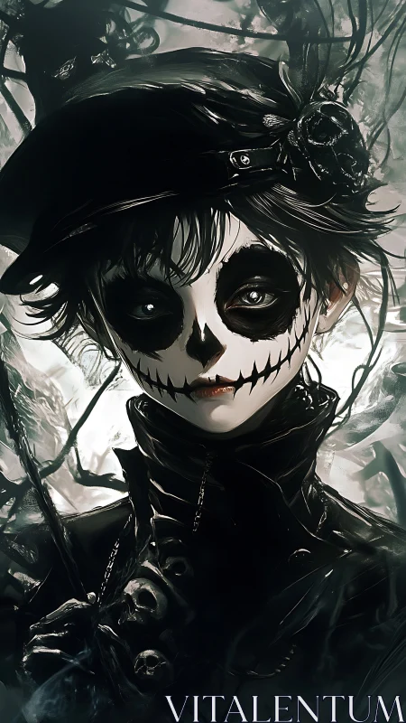 Gothic skull-painted youth in monochrome surreal portrait.