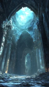 Mystic light pours into a crumbling frozen stone cathedral
