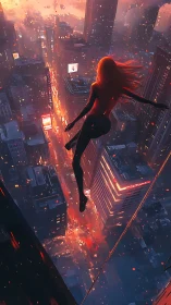 Backlit figure suspended above neon-drenched dusk metropolis
