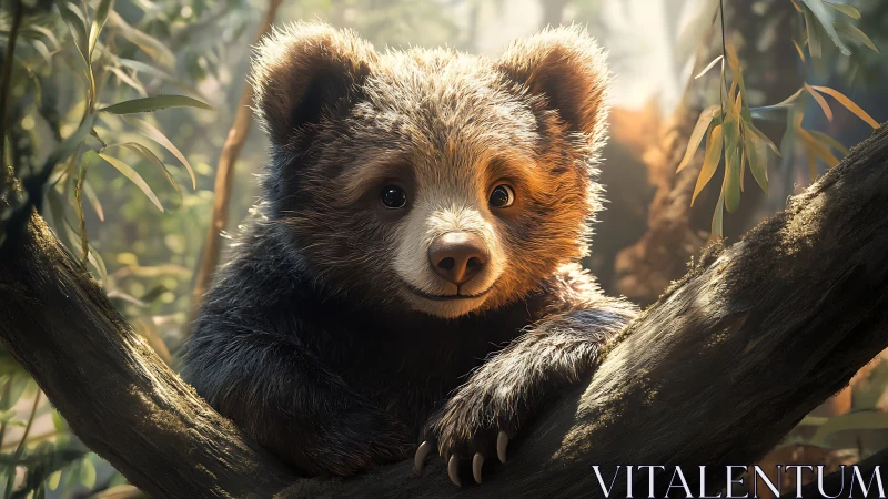 Cute bear cub resting on a tree branch in soft sunlight.