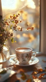 Porcelain tea cup by window with flowers in warm light.