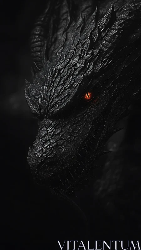 Obsidian dragon portrait with glowing ember eye in deep shadow.