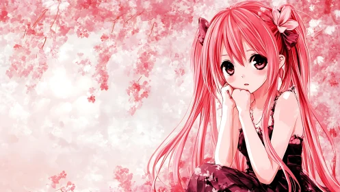 Anime girl sits beneath stylized pink foliage background
