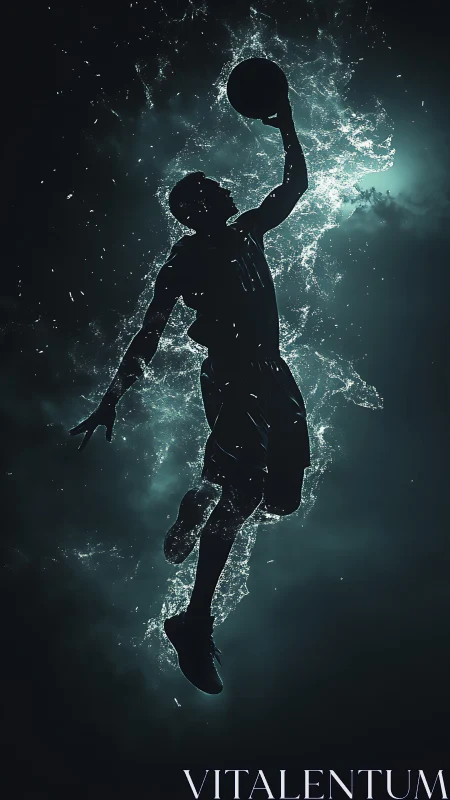 Silhouetted basketball dunk with luminous particle trails digital.