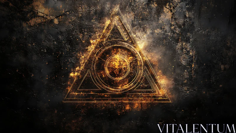 Geometric triangle symbol overlays textured dark background