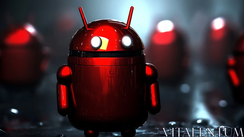 Highly reflective red android robot rendered with cinematic depth of field