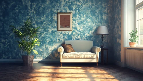 Photorealistic living room with textured blue accent wall.