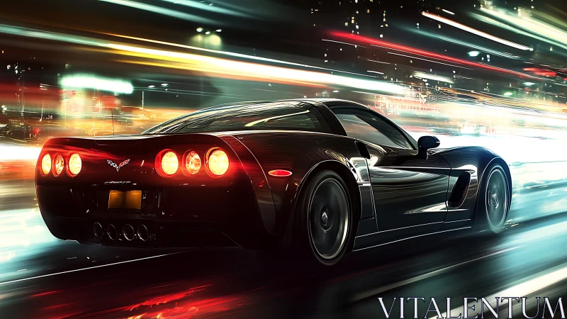 Black sports car cuts neon city night in dynamic motion.