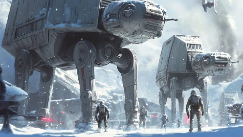 Colossal snow-walkers advancing through frozen battlefield.