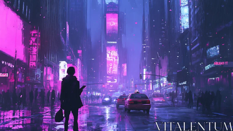 Neon rain wanderer in magenta-soaked cyber city night.
