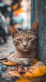 Tabby Cat with Amber Eyes Resting Against Weathered Wall.