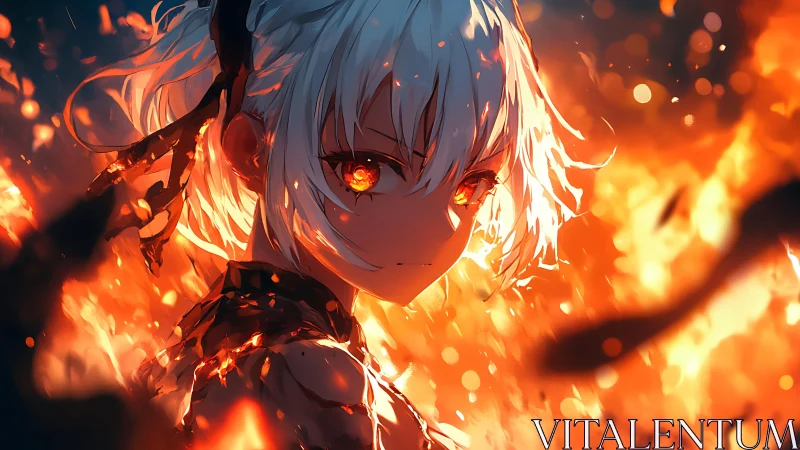 Fiery anime heroine framed by embers in dynamic close-up