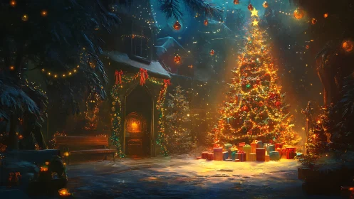 Snowy courtyard Christmas tree with glowing gifts at night.