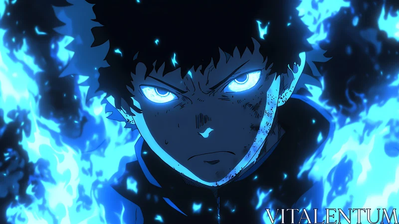 Anime boy with glowing blue flames and intense focused stare