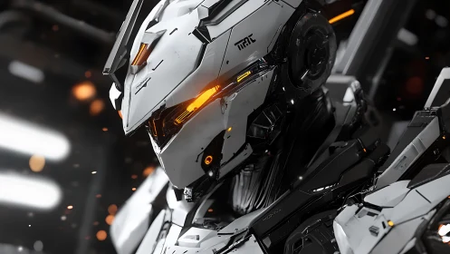 Chrome war-sentinel with ember eyes in industrial starlight.