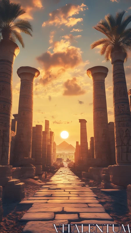 Ancient Egyptian temple avenue glows in a golden sunset.