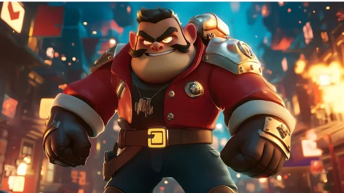 Cartoon enforcer character in futuristic city street scene.