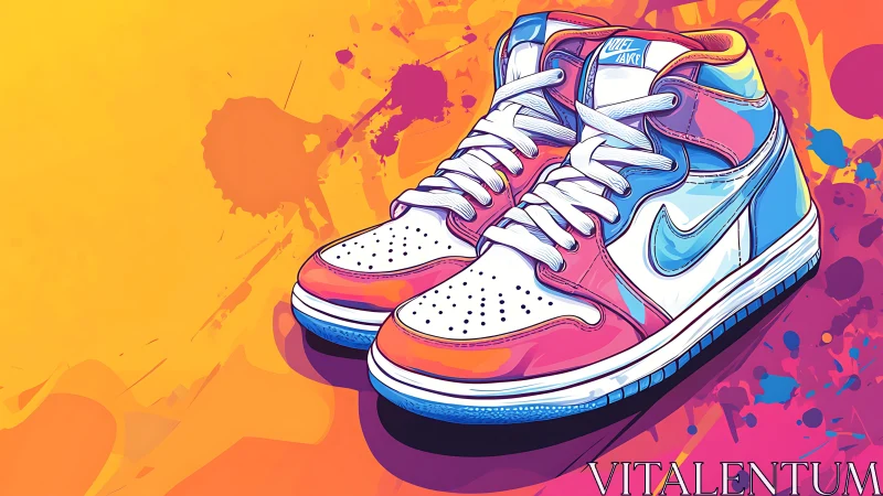 Color-splashed sneakers daydream loudly on neon pavement