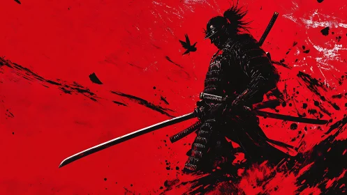 Blood-red horizon stalked by lone ink-soaked samurai silhouette.