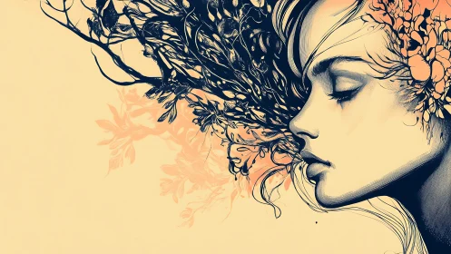 Stylized female profile merges with abstract floral linework