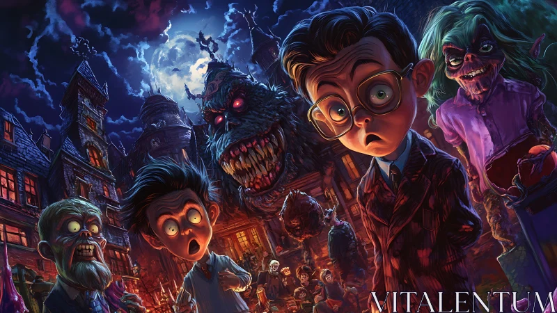 Cartoon boys confront grotesque monsters in neon-lit manor.