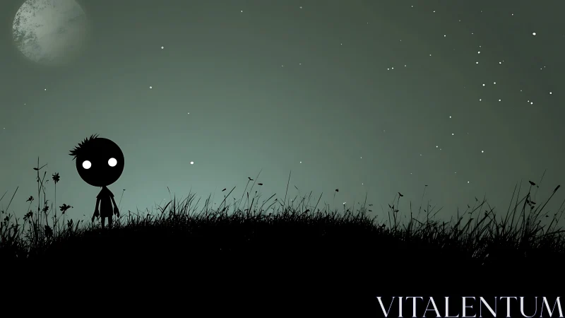 Silhouette child with glowing eyes stands under night sky