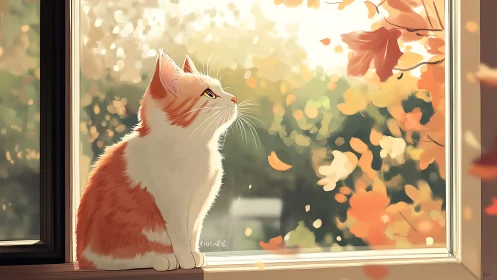 Red and White Cat Gazes Through Window Into Autumn Light