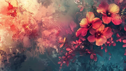 Vibrant scarlet blossoms emerge over teal abstract haze