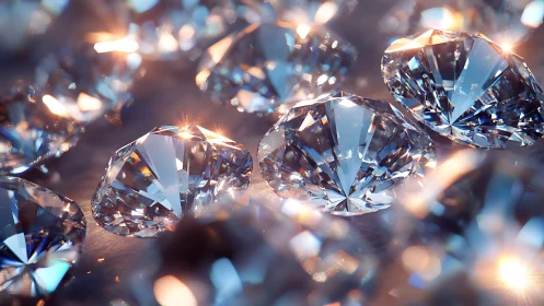 Photorealistic macro array of faceted diamonds on velvet surface.