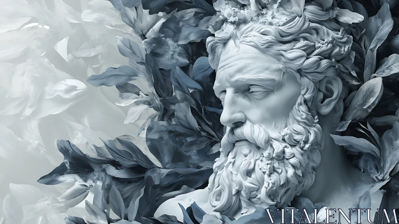 Digital marble bust amid abstract foliage in cool tones.