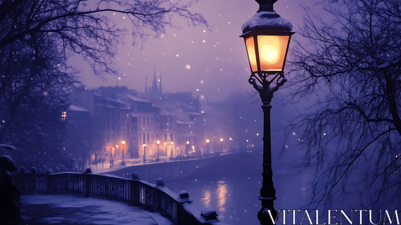 Snowy riverside evening under softly glowing lamplights.