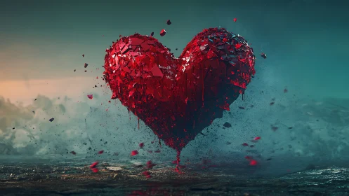 Fragmented Crimson Heart Suspended in Ethereal Teal Atmosphere.