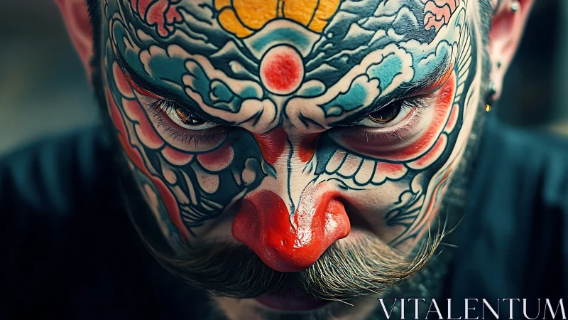Intense close-up portrait with full-face neo-traditional tattoo.