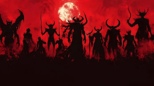 Horned demonic silhouettes stand under a blood red moon