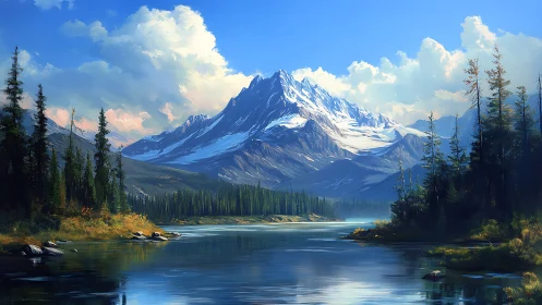 Snowcapped alpine peak dominates tranquil reflective lake panorama