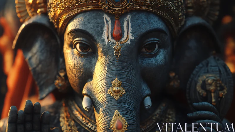 Close frontal view of ornate stone Ganesha sculpture.