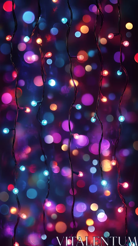 Hanging string lights glow against multicolored bokeh background