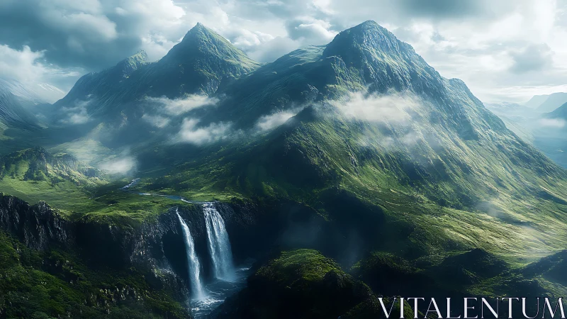 Sunlit emerald mountains rise above mist and twin falls