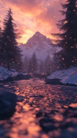 Fiery winter creek beneath glowing alpine sunset sky.