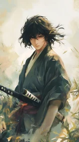 Samurai figure in loose robe with katana amid foliage.