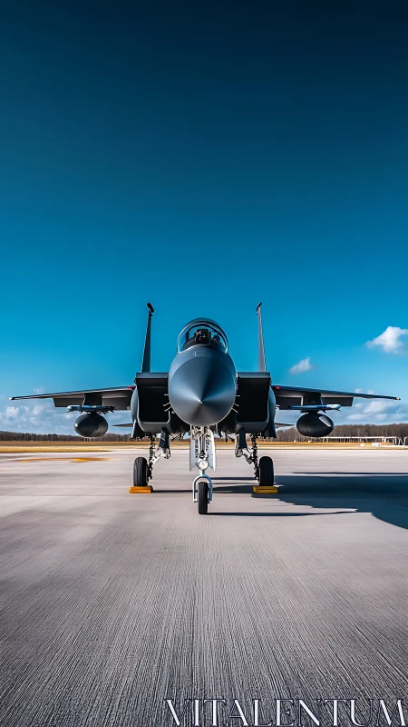 Front-axis view of twin-engine tactical jet on runway apron.