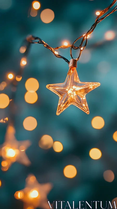 Star-shaped string light glows against teal bokeh field.