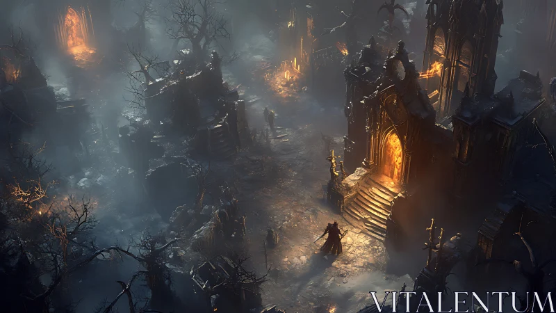 Firelit ruins and wandering figures in a misty dark realm.