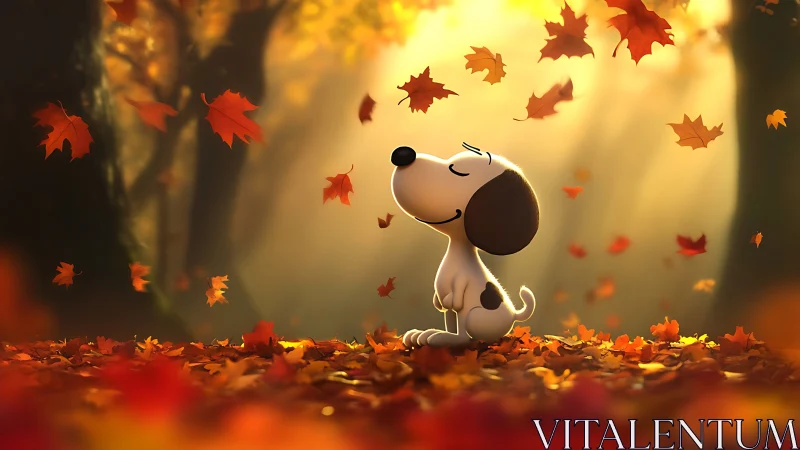 Cartoon beagle enjoys golden autumn leaves in soft light