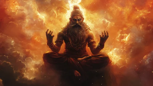 Digital painting of fiery ascetic in transcendent meditation field.