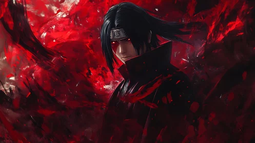 Dark ninja portrait in crimson energy vortex, side-lit gaze