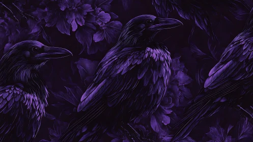 Midnight ravens resting in a velvety violet garden.