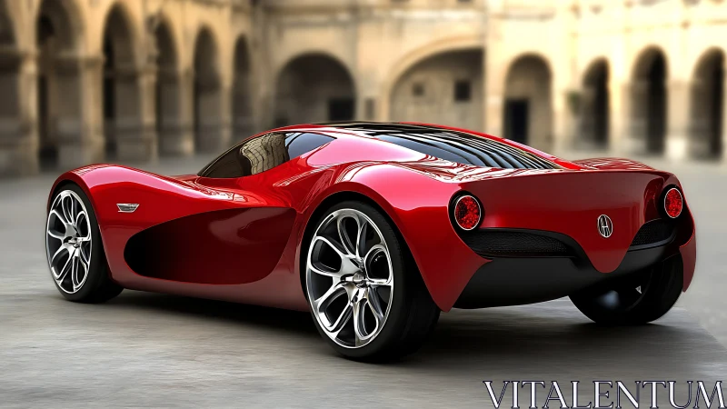 Red mid‑engine sports coupe render is shown from rear angle