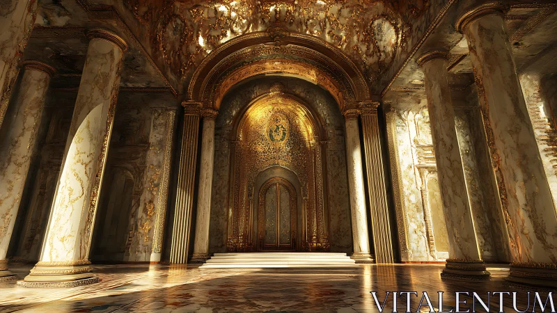 Ornate gilded hall with marble columns and central portal.