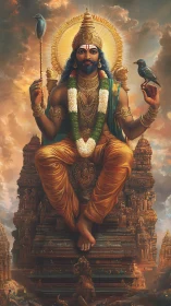 Divine seated deity above ornate temple spires at dusk.